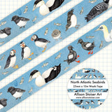 This washi tape features a series of my illustrations of birds of the North Atlantic, including the razorbill, Atlantic puffin chicks, Wilson's storm petrel, the double-crested cormorant, Atlantic puffins, the common eider, the common loon, the Northern gannet, the dovekie, the common tern and chick, and the black guillemot.