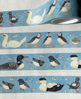 This washi tape features a series of my illustrations of birds of the North Atlantic, including the razorbill, Atlantic puffin chicks, Wilson's storm petrel, the double-crested cormorant, Atlantic puffins, the common eider, the common loon, the Northern gannet, the dovekie, the common tern and chick, and the black guillemot.