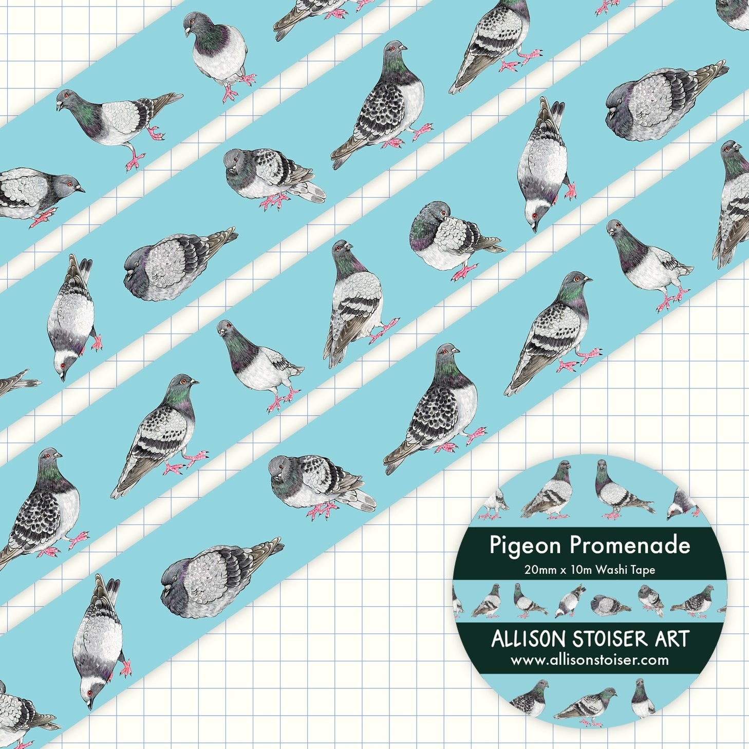 This washi tape features an array of pigeons!

This washi tape roll measures 20mm x 10m.

Washi tape is perfect for journaling, junk journaling, decorating mail, hanging prints on the wall, and more!&nbsp;