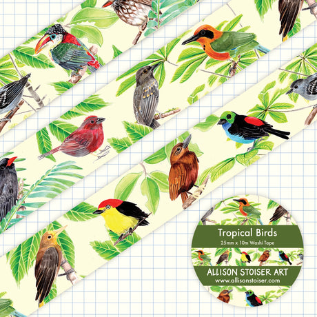 This washi tape features a pattern of my watercolor tropical bird illustrations with palms and other trees native to the Amazon rainforest serving as botanical accents. All of these birds, from the curl-crested aracari to the wire-tailed manakin to the rufous motmot can be found in the Peruvian Amazon!

This washi tape roll measures 25mm x 10m.

Washi tape is perfect for journaling, junk journaling, decorating mail, hanging prints on the wall, and more!&nbsp;