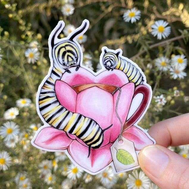 Allison Stoiser Art Monarch Caterpillars with Teacup Vinyl Sticker