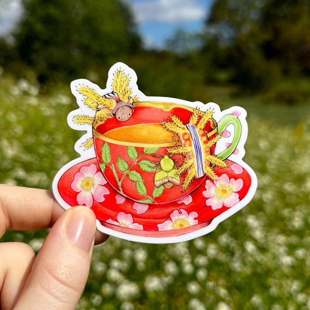 Allison Stoiser Art Stinging Rose Caterpillars with Virginia Rose Teacup Vinyl Sticker