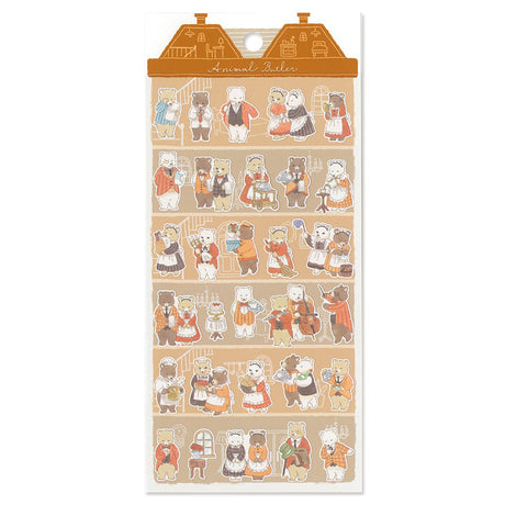 Sheet of decorative stickers with cartoon bears in various outfits on a white background.