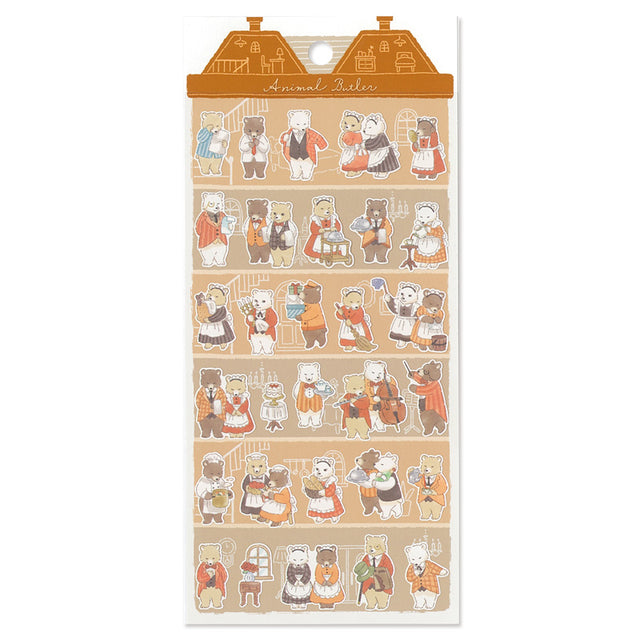 Sheet of decorative stickers with cartoon bears in various outfits on a white background.
