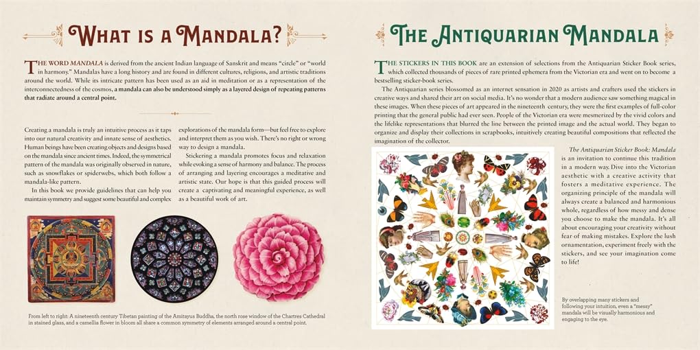 Unleash your inner artist and discover the calm of creation! THE ANTIQUARIAN STICKER BOOK: MANDALA invites adults and teens to embark on a mesmerizing journey into the art of making beautiful mandalas. This captivating sticker book is unlike any other, offering a unique blend of creativity and mindfulness.