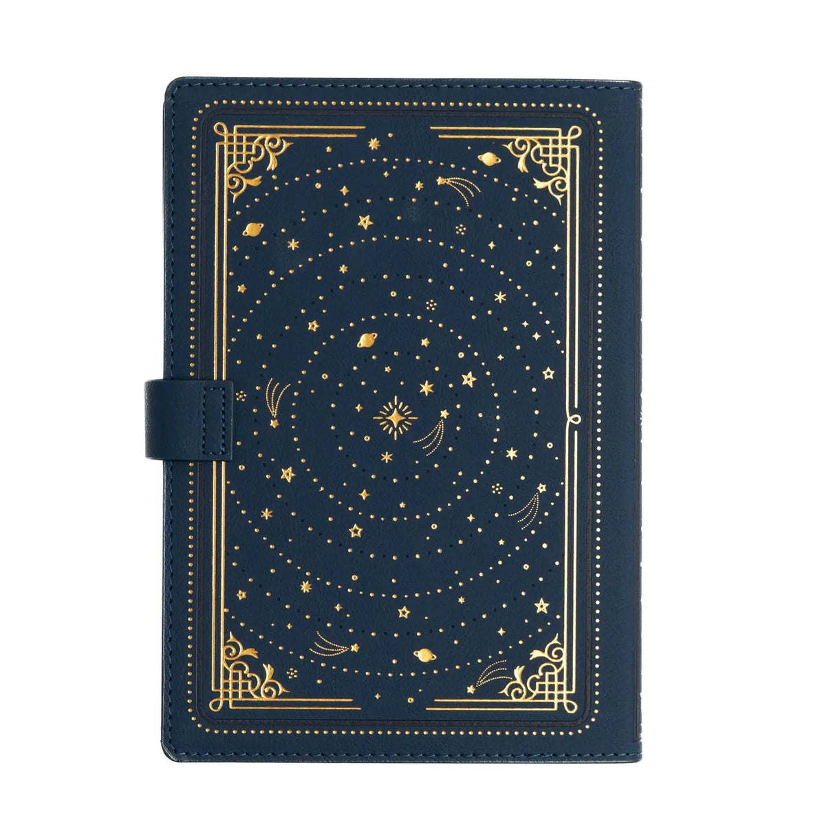 Blue notebook with gold star pattern on a white background