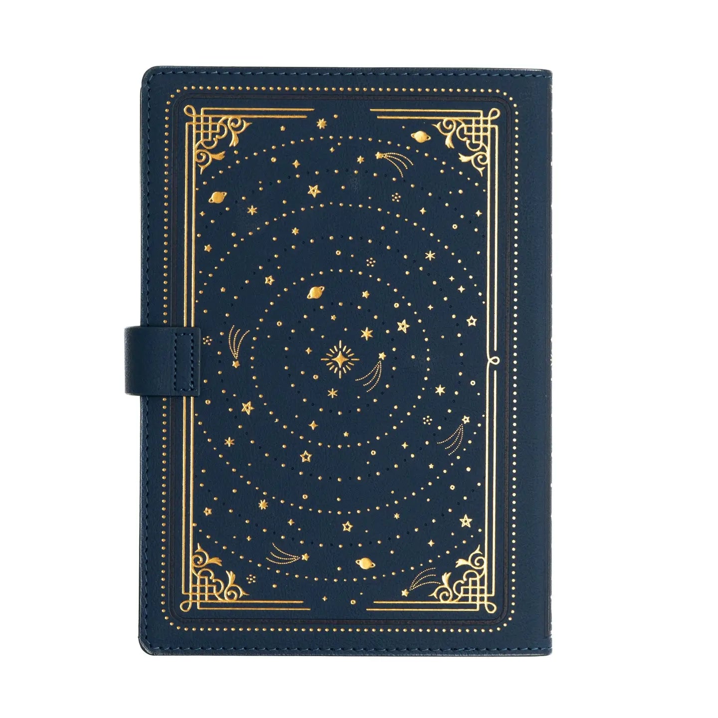 Blue notebook with gold star pattern on a white background
