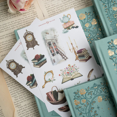 Bring a touch of timeless charm to your journaling with the&nbsp;Books of Beauty Sticker Set—a dreamy collection inspired by cozy libraries, antique treasures, and quiet moments with a good book.

Perfect to add decorative touches to your planners and bullet journals, our high-quality stickers of hand illustrated designs are printed on deluxe matte paper. Each sticker set includes 2 sheets.&nbsp;

Stickers can be super helpful when setting up your monthly or daily bullet journal pages. Use these cute sticke