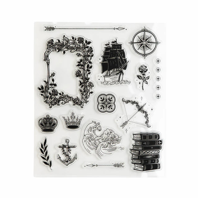 Add enchanted details to your pages with the Enchanted Chapters Stamp Set. Featuring books, ships arrows, anchors, and crowns, these reusable clear acrylic stamps are perfect for layering creative designs in your journal, planner, or scrapbook.