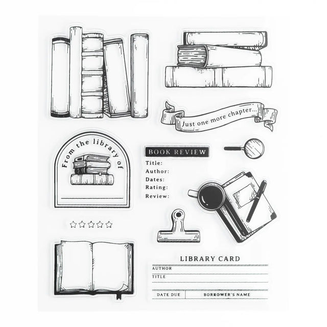 A charming clear stamp set designed for readers, writers, and book lovers. Featuring stacks of books, library cards, rating stars, review templates, and cozy reading-themed icons, this set brings a nostalgic, literary touch to journaling and planning pages.

Specs &amp; Details:

Stamp Type: Clear, reusable acrylic stamps
Design Theme: Books, library labels, book reviews, reading trackers, literary accents&nbsp;
Material: High-quality photopolymer
Use: Ideal for reading journals, planners, book reviews, and