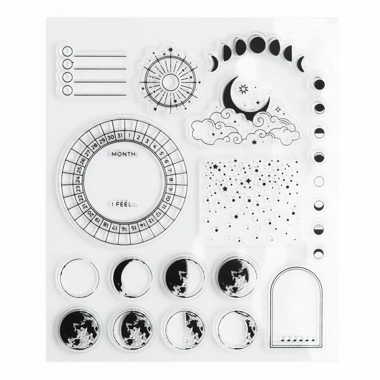 A dreamy, atmospheric clear stamp set inspired by the moon, stars, and shifting sky. Featuring moon phases, constellations, a mood-tracking wheel, celestial icons, and decorative frames, this set is perfect for adding magical, cosmic detail to any journaling or planning spread.
