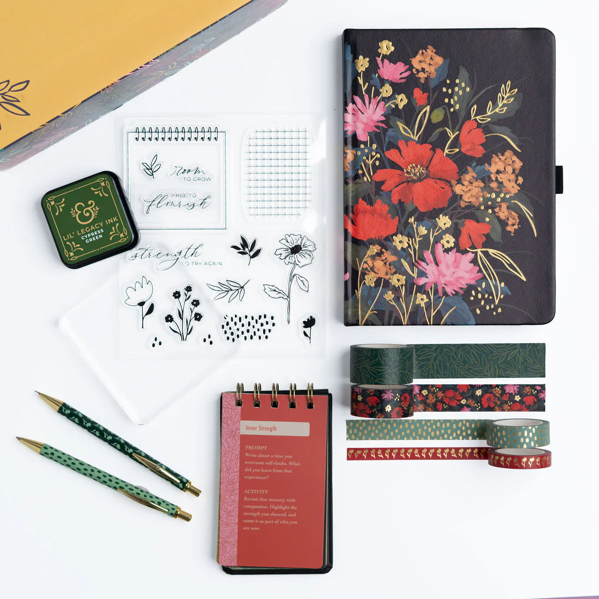 Nurture your creativity with the Flourish Self Care Box, a beautifully curated collection designed with mental wellness in mind. Designed with intention, this box brings together everything you need to begin (or return to) a meaningful creative practice.

Inside you will find: 

A5 Bloom & Grow Notebook: featuring a full cover printed abstract floral design, hand stamped with gold foil accents on a vegan leather cover.

Writing Set: including a 0.5mm Ballpoint Pen and Mechanical Pencil with Eraser, both emb