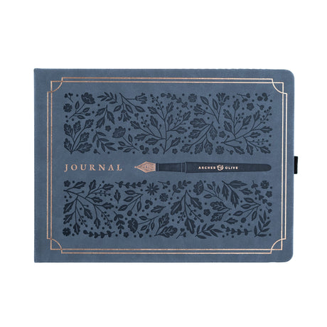 Introducing the&nbsp;Heirloom&nbsp;notebook.&nbsp;This&nbsp;Letter Sized&nbsp;notebook is truly special,&nbsp;featuring a unique full cover design. The&nbsp;intricate foliage pattern and fountain pen is&nbsp;debossed&nbsp;on a&nbsp;suede-like blue vegan leather cover,&nbsp;finished with&nbsp;a vintage&nbsp;rose gold stamping.


This notebook comes with the choice of&nbsp;Dot Grid&nbsp;or&nbsp;Lined&nbsp;pages, and is the perfect journal for a special occasion. From a memory keeping scrapbook to wedding gues