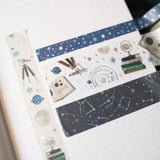 A dreamy celestial washi tape set inspired by stargazing, constellations, and drifting meteor trails. This coordinated collection features star-scattered skies, astronomy books, telescopes, planets, and deep midnight tones—perfect for adding a cosmic touch to planners and creative spreads.