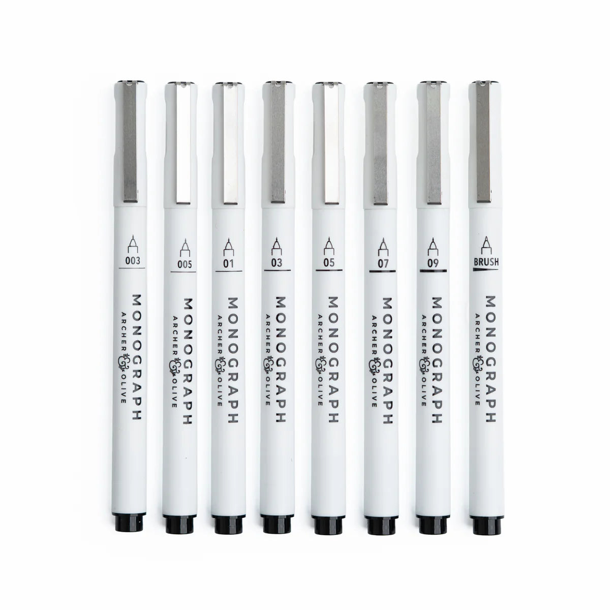 Create everything from intricate details to expressive lettering, with the Monograph Studio Set of 8 from Archer & Olive.

This versatile collection includes a full range of fineliner tips plus a flexible brush pen, giving artists and journalers the perfect tools for sketching, outlining, lettering, and illustration.

The Monograph Studio Set includes:

003 (0.15mm) – ultra-fine detail work
005 (0.2mm) – delicate illustration lines
01 (0.25mm) – precise writing or linework
03 (0.35mm) – clean, everyday writ