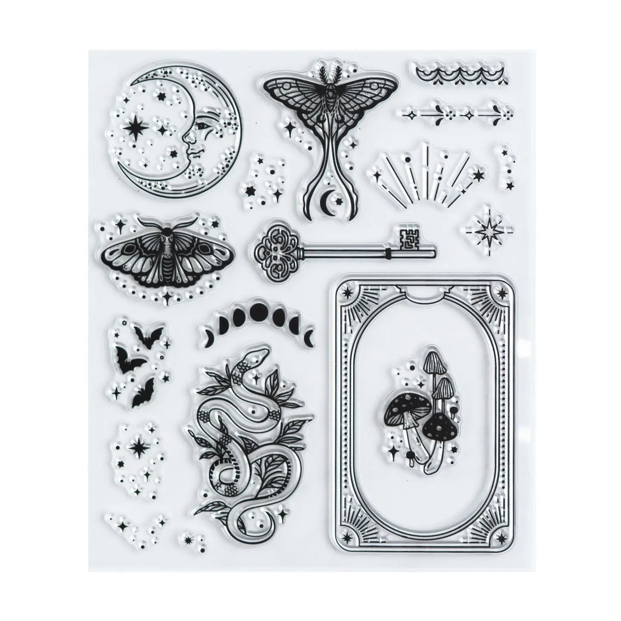 Add enchanted details to your pages with the Moonshade Stamp Set. Featuring celestial moths, moons, keys, mushrooms, and stars, these reusable clear acrylic stamps are perfect for layering creative designs in your journal, planner, or scrapbook.

Set of clear acrylic stamps with celestial + nature motifs

Works with acrylic blocks and standard ink pads

Reusable and easy to clean

Great for journaling, scrapbooking, and cardmaking