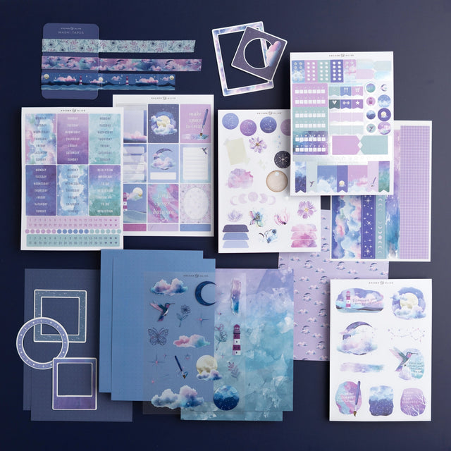 Our Kits contain everything you need to create a cohesive theme in your planner or bullet journal.&nbsp;

This kit will include:&nbsp;

Washi Tape - 2 Designs (2 meters of each design)
5 Unique Sticker Sheets (theme and journaling)
8 Sheets of Collage Paper (2 of each design)
A Clear Binder Sleeve for easy organization
Bonus Item: Label stickers&nbsp;