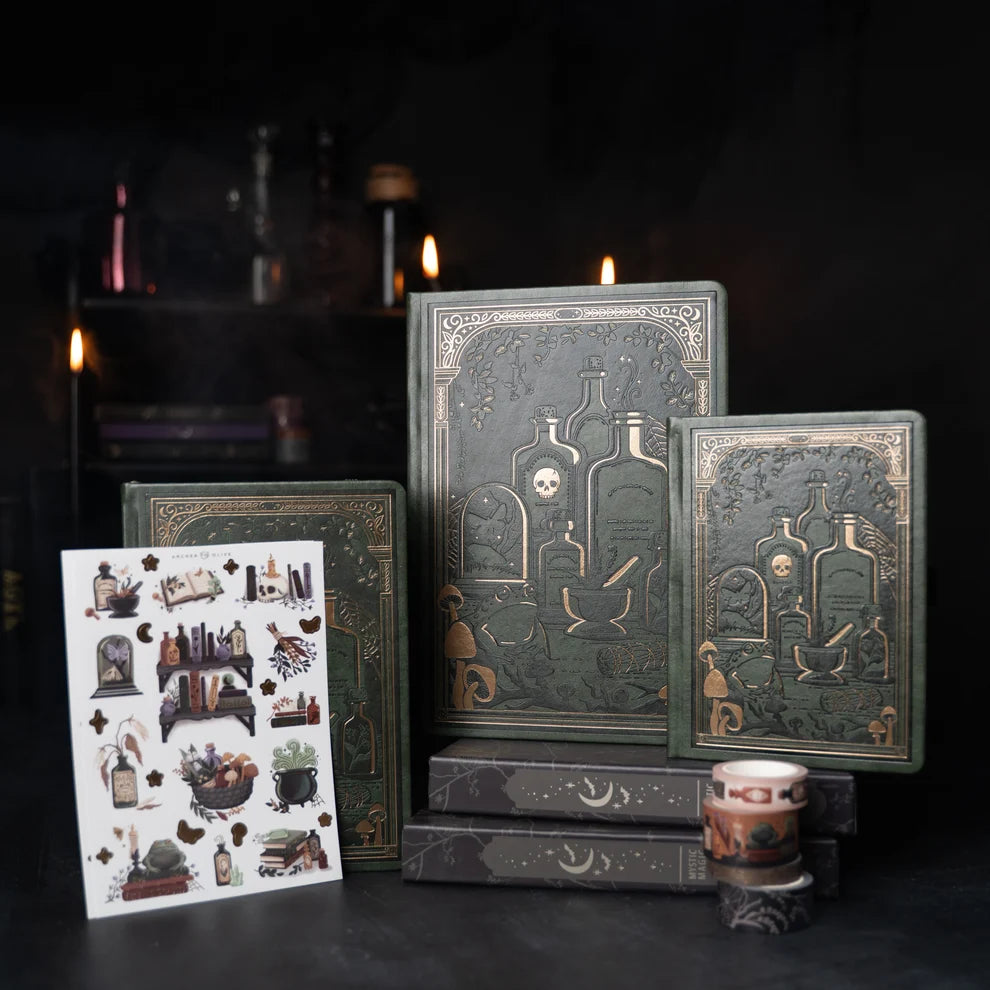 The Apothecary Shelf Notebook invites you into an enchanted workshop filled with mysterious bottles, magical herbs, curious mushrooms, and hidden woodland treasures.