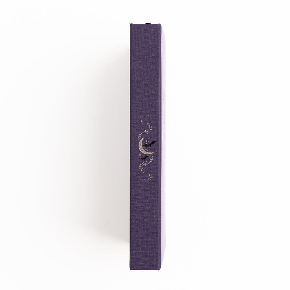 The Bewitched Notebook captures the playful spirit of Halloween with a charming black cat perched atop a broomstick beneath a crescent moon, surrounded by twinkling stars and fluttering bats.