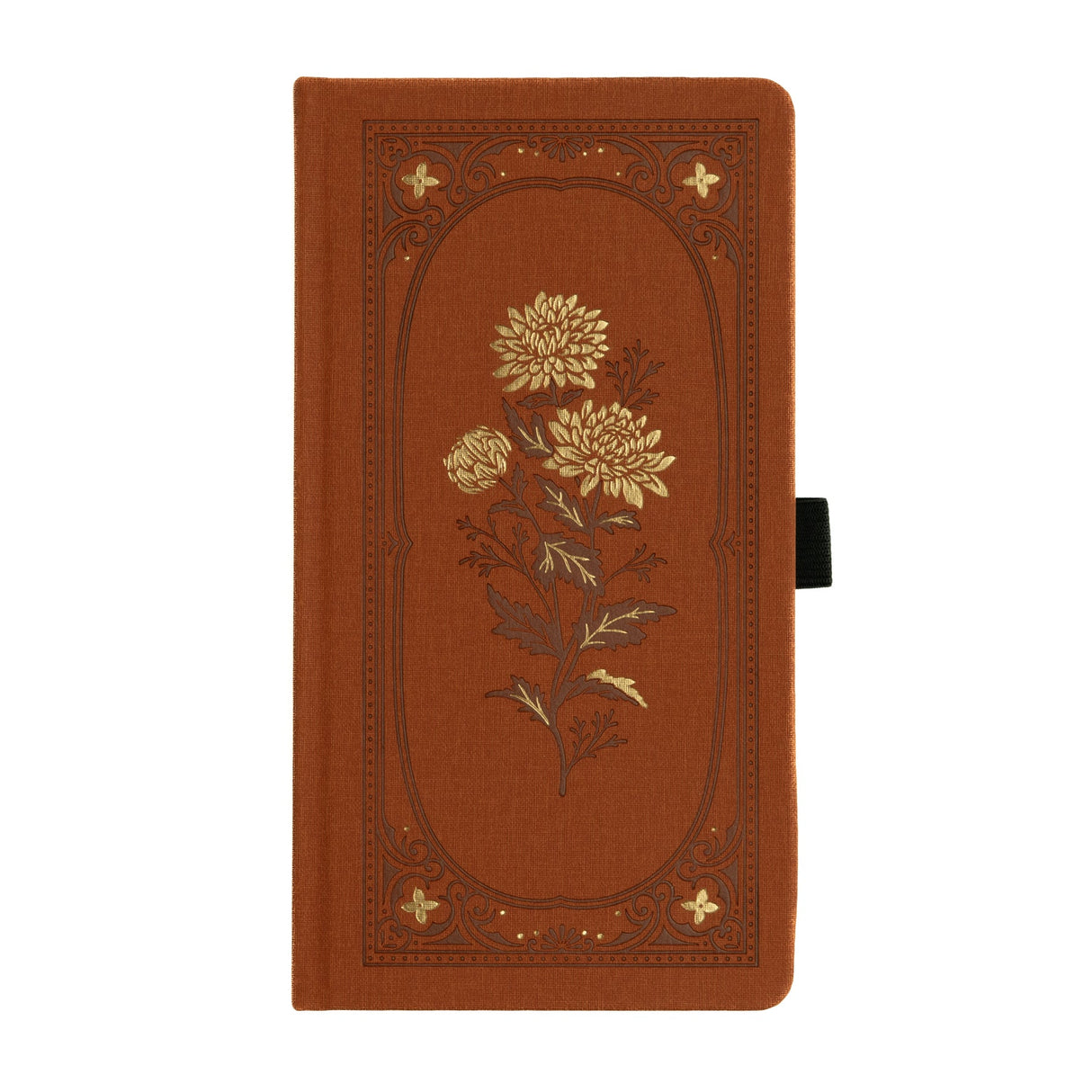 A celebration of stillness, beauty, and the shift in seasons. The Chrysanthemum Notebook features a warm rust-toned vegan leather cover, intricately debossed and accented with radiant gold foil. Inspired by late-blooming florals, this design invites reflection, creativity, and calm.