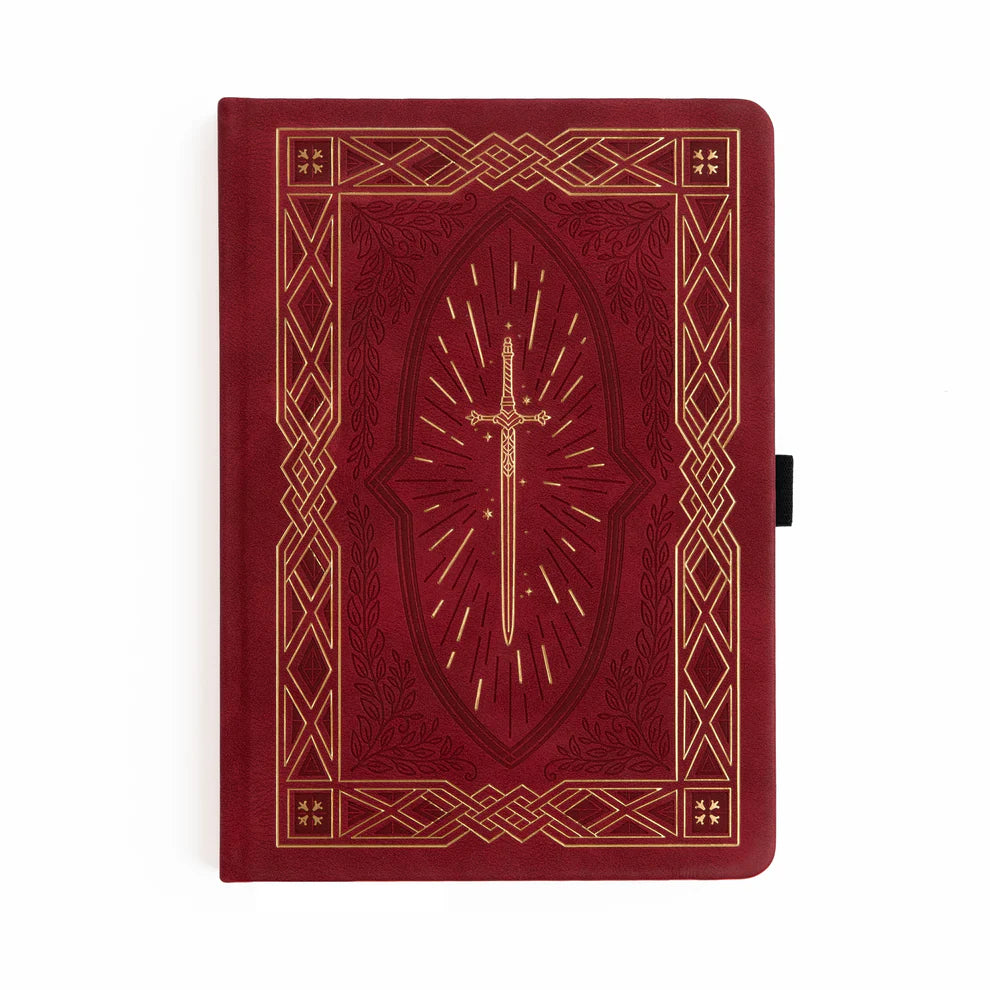 A bold, medieval-inspired notebook designed for adventurers at heart—perfect for journaling, planning, or capturing your next great story. Featuring a rich crimson vegan leather cover with intricate gold-foil detailing and a radiant sword centerpiece, this notebook feels like a treasured tome pulled from a castle library.