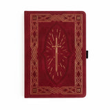 A bold, medieval-inspired notebook designed for adventurers at heart—perfect for journaling, planning, or capturing your next great story. Featuring a rich crimson vegan leather cover with intricate gold-foil detailing and a radiant sword centerpiece, this notebook feels like a treasured tome pulled from a castle library.