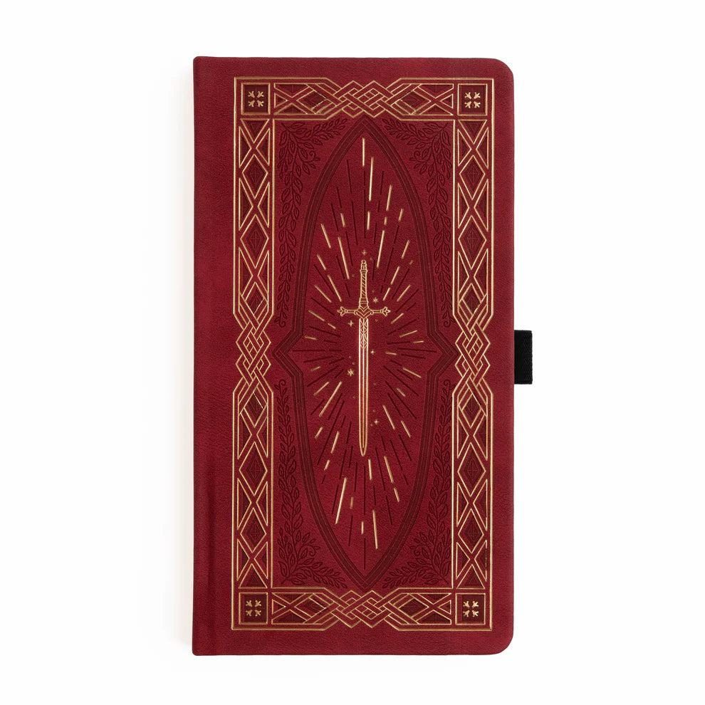 A bold, medieval-inspired notebook designed for adventurers at heart—perfect for journaling, planning, or capturing your next great story. Featuring a rich crimson vegan leather cover with intricate gold-foil detailing and a radiant sword centerpiece, this notebook feels like a treasured tome pulled from a castle library.