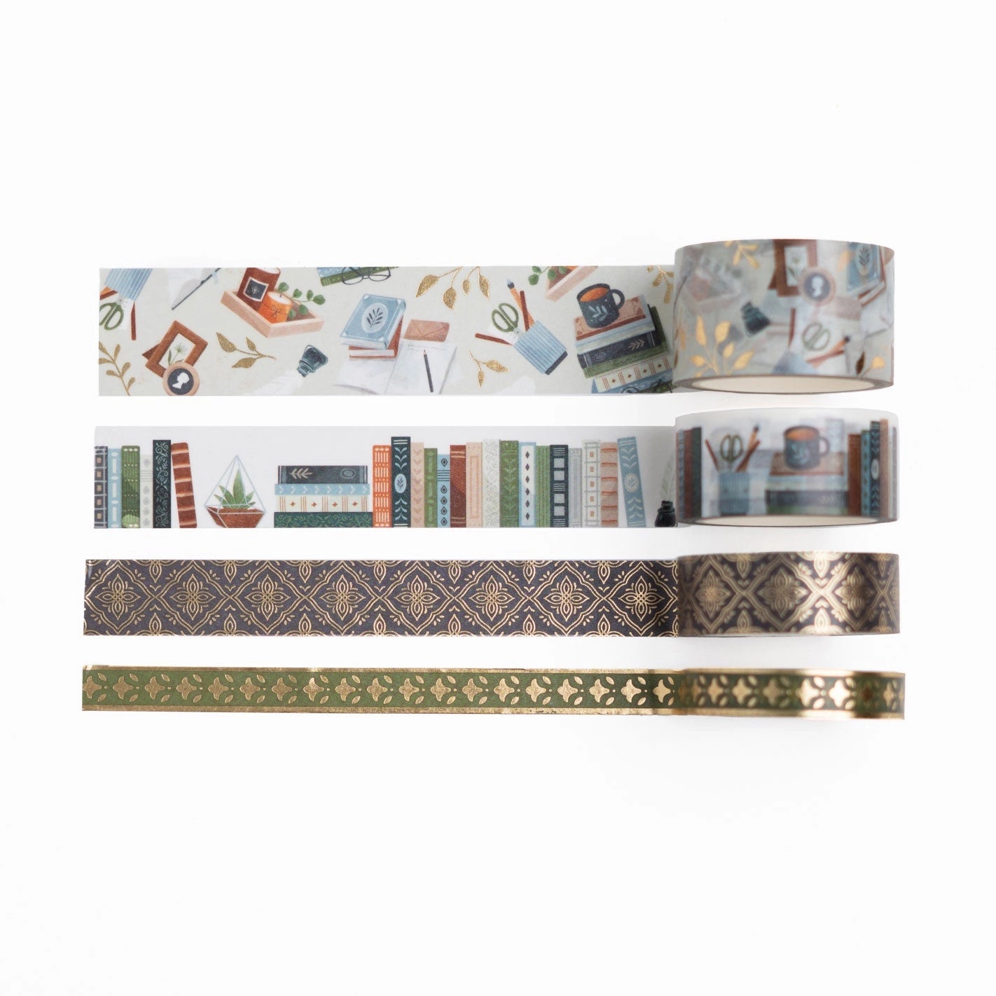 This set of 4 Storybook Washi Tapes is inspired by the joy of learning and discovering the old and the new.

This set includes two library themed rolls of washi tape and two vintage foiled washi rolls with designs reminiscent of classic treasured books and stories.