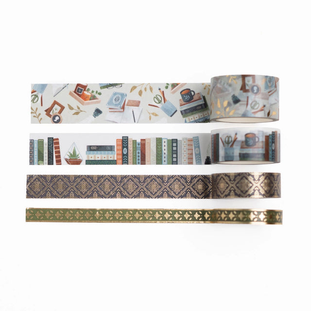 This set of 4 Storybook Washi Tapes is inspired by the joy of learning and discovering the old and the new.

This set includes two library themed rolls of washi tape and two vintage foiled washi rolls with designs reminiscent of classic treasured books and stories.