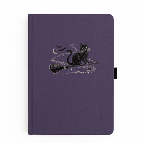 The Bewitched Notebook captures the playful spirit of Halloween with a charming black cat perched atop a broomstick beneath a crescent moon, surrounded by twinkling stars and fluttering bats.