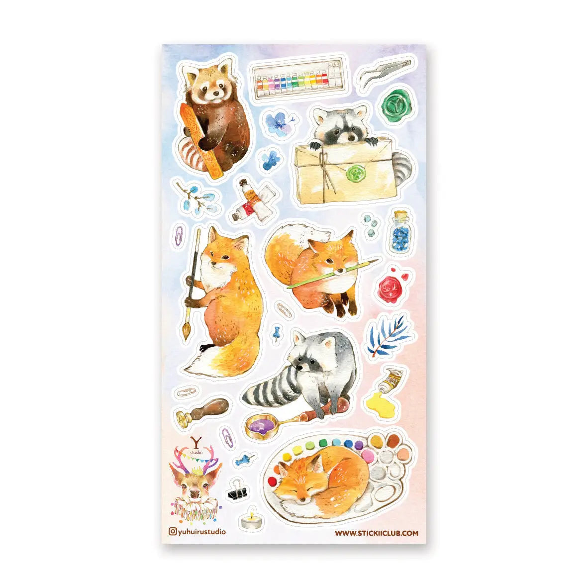  @yuhuirustudio’s woodland artists have traded the forest floor for a table full of paints, brushes, wax seals, and colorful little treasures! A fox holds its favorite brush, a red panda chooses the perfect shade, and one sleepy helper has decided a watercolor palette makes an excellent place for a nap.

Art by: @yuhuirustudio


One sticker sheet is included.
Top Coating: None
Adhesive Layer: Paper
Backing Layer: Paper
Size: 6.69"x3.54"
Weight-0.03oz