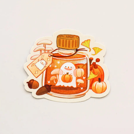 Sticker with a glass bottle of honey, ghost, and pumpkin design on a light gray background