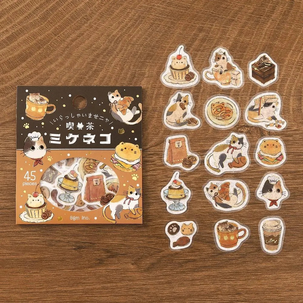 BGM - Welcome Meow! Series Café Mikeneko Sticker Flakes

The popular masking tape series "Cafe Kuroneko" has now become stickers!

Not only Kuroneko, but also Heineko, Mikeneko, and Shiro-Neko have joined the group. Each cat gathers here as a café with its own unique personality.
"Welcome, meow!"

Contents: 15 designs x 3 sheets
Material: Japanese paper
