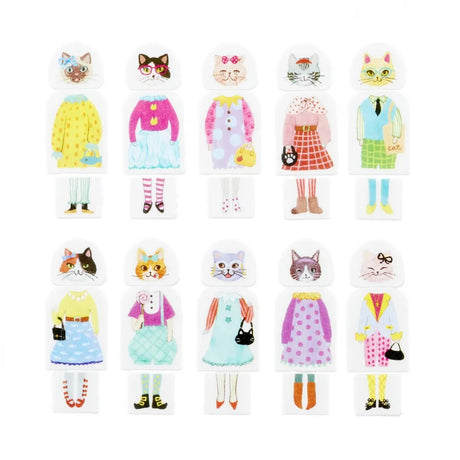 The 'Dress-Up' series lets you swap faces, bodies, and legs for lots of fun unique designs.&nbsp;Stylish girls living in the cat town are invited to girls' gatherings where they chat and have a dress-up party.

Product size: Head height 15mm× width 18mm,
Body height 27mm× width 20mm,
foot height 13mm× width 15mm
Pattern types: 10 each
Number of sheets: 80 sheets
Packaging size:&nbsp;Height 51mm× Width 79mm× Depth 79mm