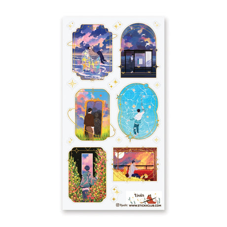 🌙⭐ Wanna get even further away? @9jedit’s got you covered with this stellar celestial set. Sometimes we can only escape in our daydreams and why would we want that to be ordinary? Think cozy reads under crescent moons, ferris wheel rides through cotton candy skies, and portals to worlds that aren’t planet earth. Take us away!

Art by: @9jedit

Top Coating: Gold foil

Adhesive Layer: PVC (plastic)

Backing Layer: Clear PET

6.69" x 3.54". Weight - 0.03lbs.

1 sheet included