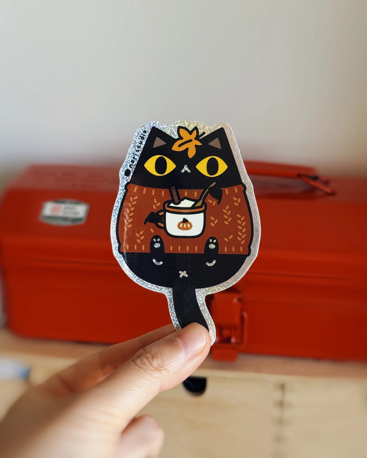 Black Cat in Orange Sweater Glitter Vinyl Sticker