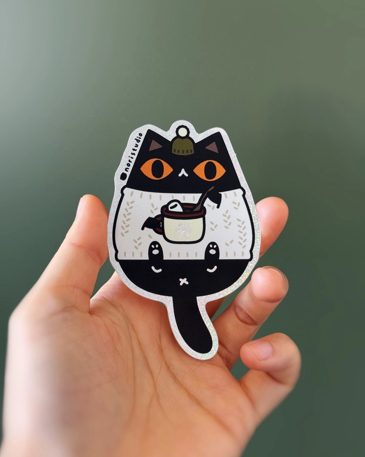 Black Cat in White Sweater Glitter Vinyl Sticker