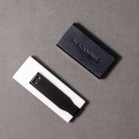 We took the iconic design of our eraser clip and adapted it into a sleek handheld form that feels great to use.

The eraser is made of a special soft material that erases the dark lines of our graphite cleanly and easily. The holder is made of durable aluminum that lets you get a solid grip while erasing. It also includes a jumbo-sized version of the iconic Blackwing clip, so you can extend the eraser as you use it.