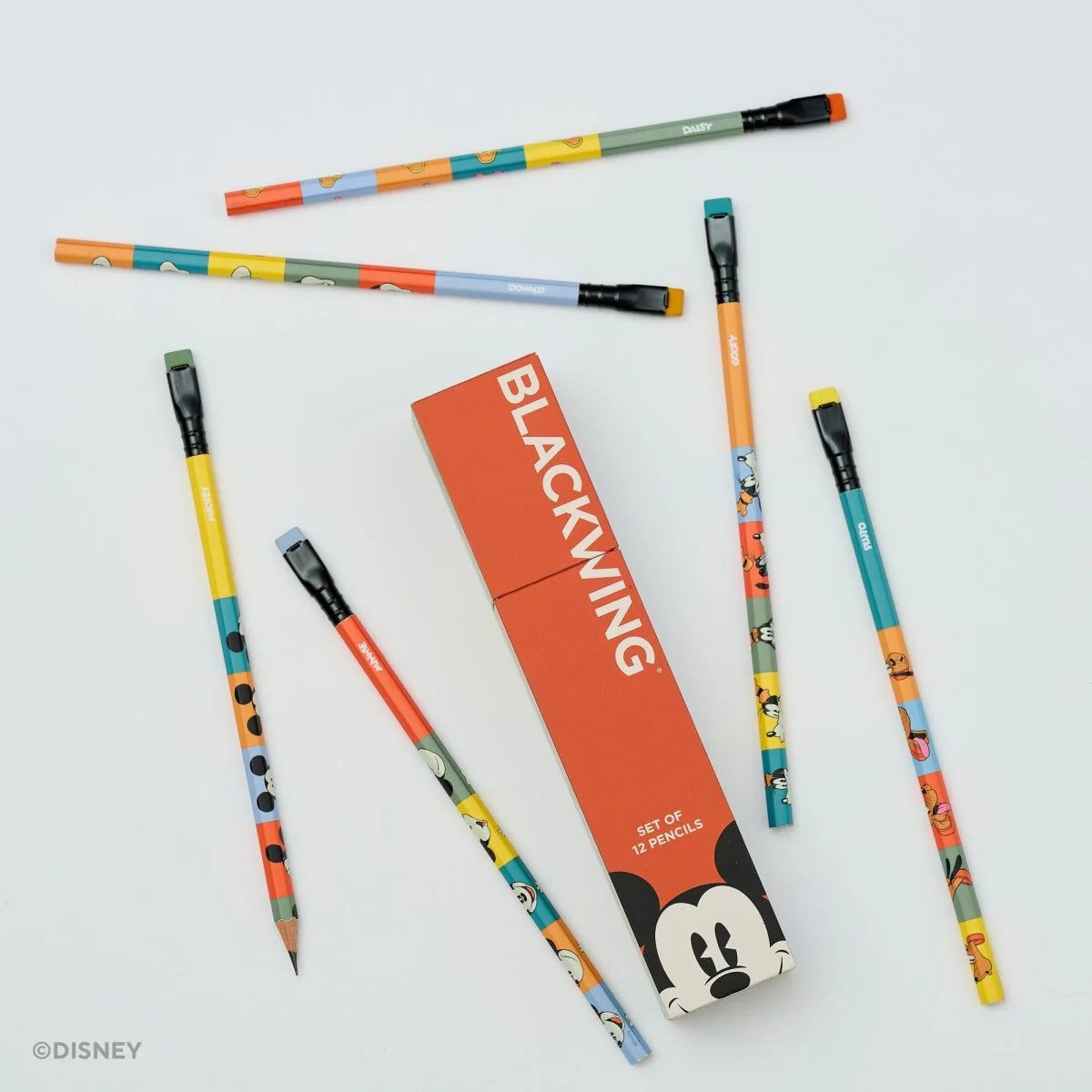 This set of 12 Blackwing pencils includes designs featuring Mickey Mouse, Minnie Mouse, Donald Duck, Daisy Duck, Goofy, and Pluto. Each pencil contains our Soft graphite core.