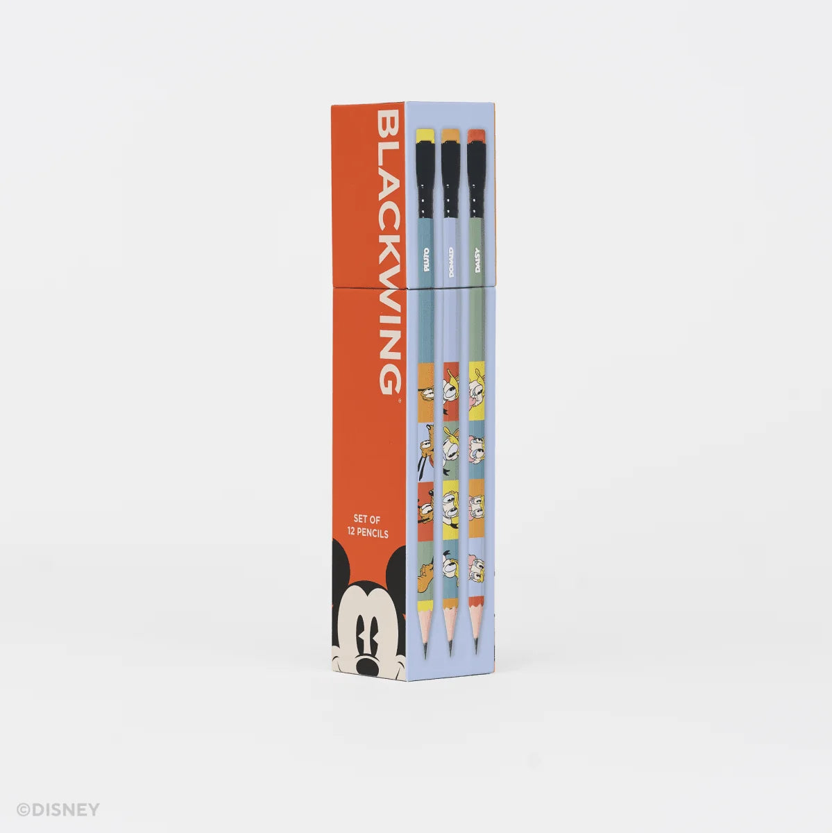 This set of 12 Blackwing pencils includes designs featuring Mickey Mouse, Minnie Mouse, Donald Duck, Daisy Duck, Goofy, and Pluto. Each pencil contains our Soft graphite core.