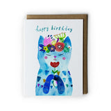 Blue Flower Kitty Birthday Greeting Card