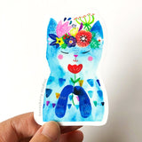 Blue Flower Kitty Vinyl Sticker