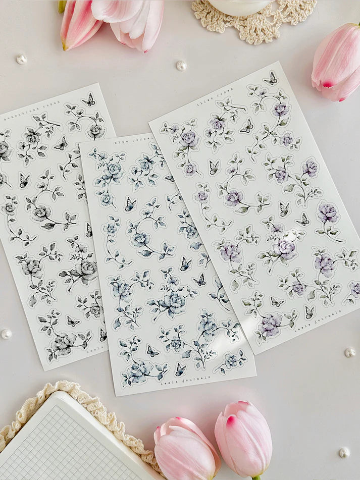 leelajournals Blue, Lilac, Monochrome Roses Sticker Sheet - 3pc set