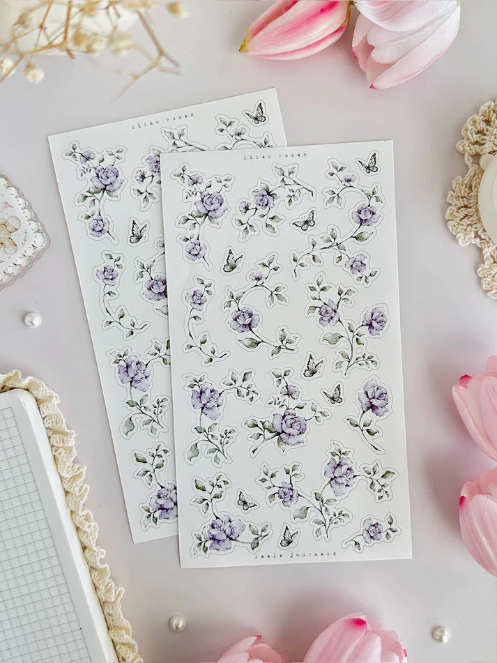 leelajournals Blue, Lilac, Monochrome Roses Sticker Sheet - 3pc set