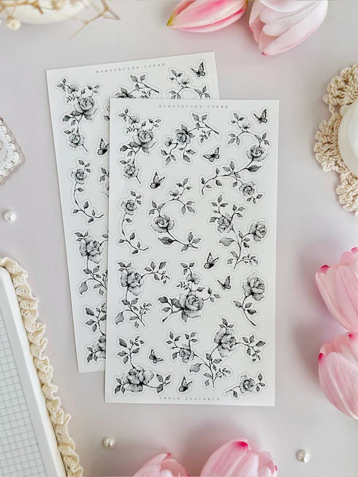 leelajournals Blue, Lilac, Monochrome Roses Sticker Sheet - 3pc set