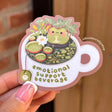 Bring some cozy comfort to your day with this “Emotional Support Beverage” frog sticker! Featuring a cute frog relaxing in a teacup pond surrounded by lily pads and flowers, this sticker is perfect for frog lovers, tea enthusiasts, and anyone who needs a little emotional support beverage energy.

♡ STICKER DETAILS ♡
~ Sticker size: 2.7’’ inches
~ Printed on matte sticker paper
~ Matte Laminate finish ✨
~ Scratch-resistant surface, water-resistant
~ ONLY Handwash. This sticker is not dishwasher or microwave 