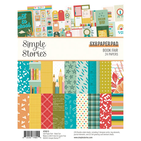 Book fair - 6x8 pad 24 double-sided sheets, including 2 designer prints, tag &amp; journal elements and (2) 3x4 greeting card element sheets