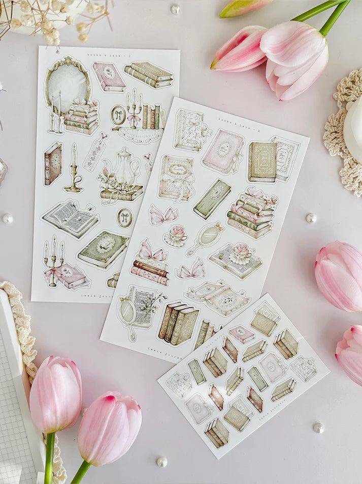leelajournals Books & Lace Sticker Sheet - 3pc set