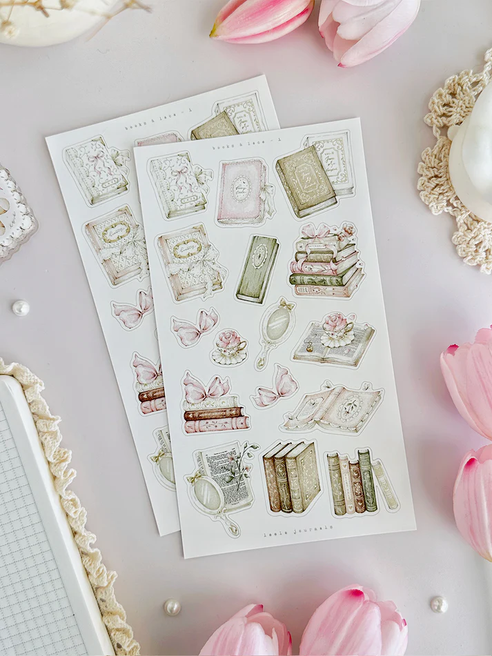 leelajournals Books & Lace Sticker Sheet - 3pc set