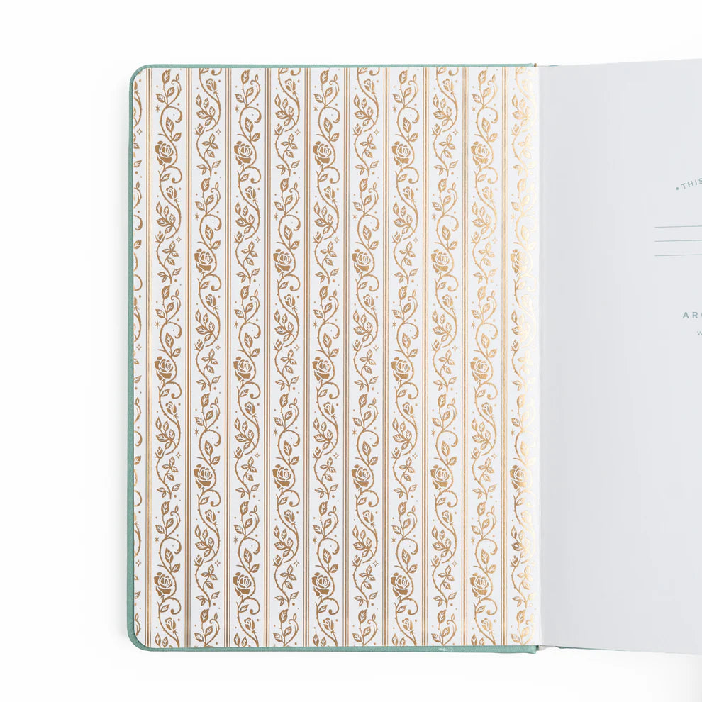 A love letter to book lovers, the Books of Beauty Reading Notebook is designed for cozy reading moments and thoughtful reflection.

Featuring a soft vegan leather cover in a dreamy seafoam hue, delicate gold-foil accents, and an elegant interior end page pattern, this notebook is as beautiful as it is functional—perfect for reading logs, book reviews, TBR lists, and journaling your favorite quotes.

A timeless addition to any stationery or bookish collection—ideal for readers, writers, and journal lovers.